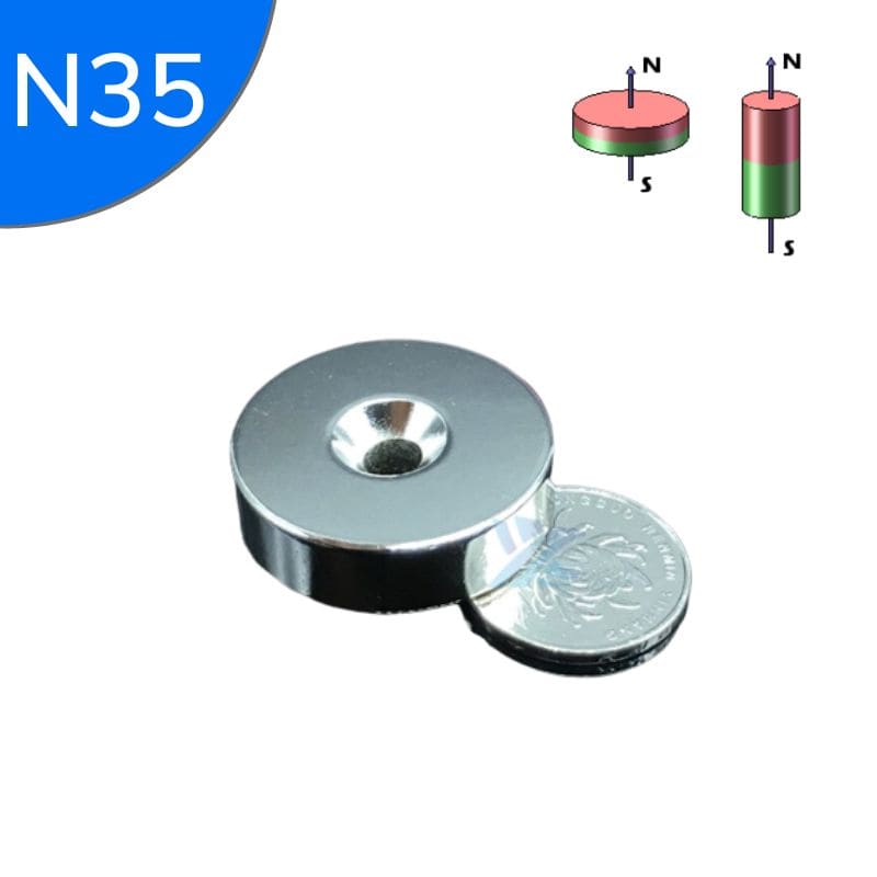 Disque magnétique néodyme Ø 35 mm / hauteur 10 mm / trou fraisé 6 mm N35 1 pièce - Magasin en ligne d'aimants - Univers Magnétique