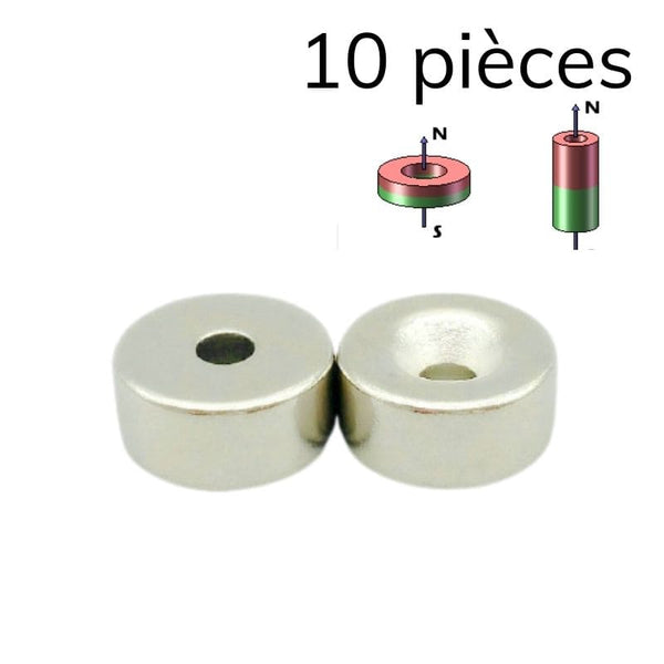 10 x Aimant rectangulaire Bloc avec trou fraisé 20 x 10 x 3mm Néodyme N35  (NdFeB) - N pôle (Nord) - 10 pièces - Parallélépipède magnétique de  fixation